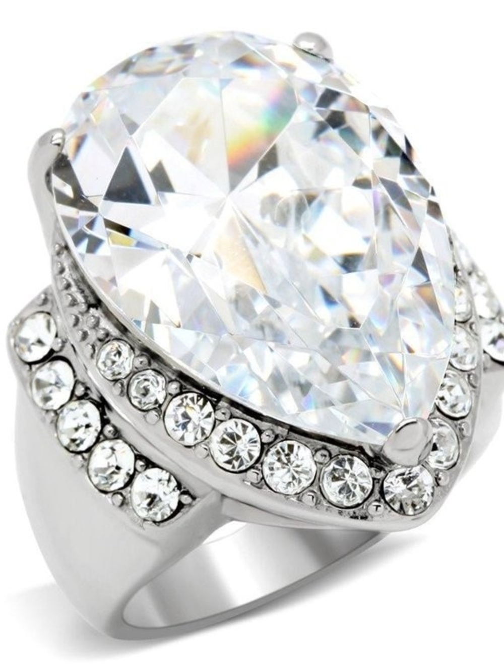 Stainless Steel Crystal Pear-Cut Statement Ring - White Crystal